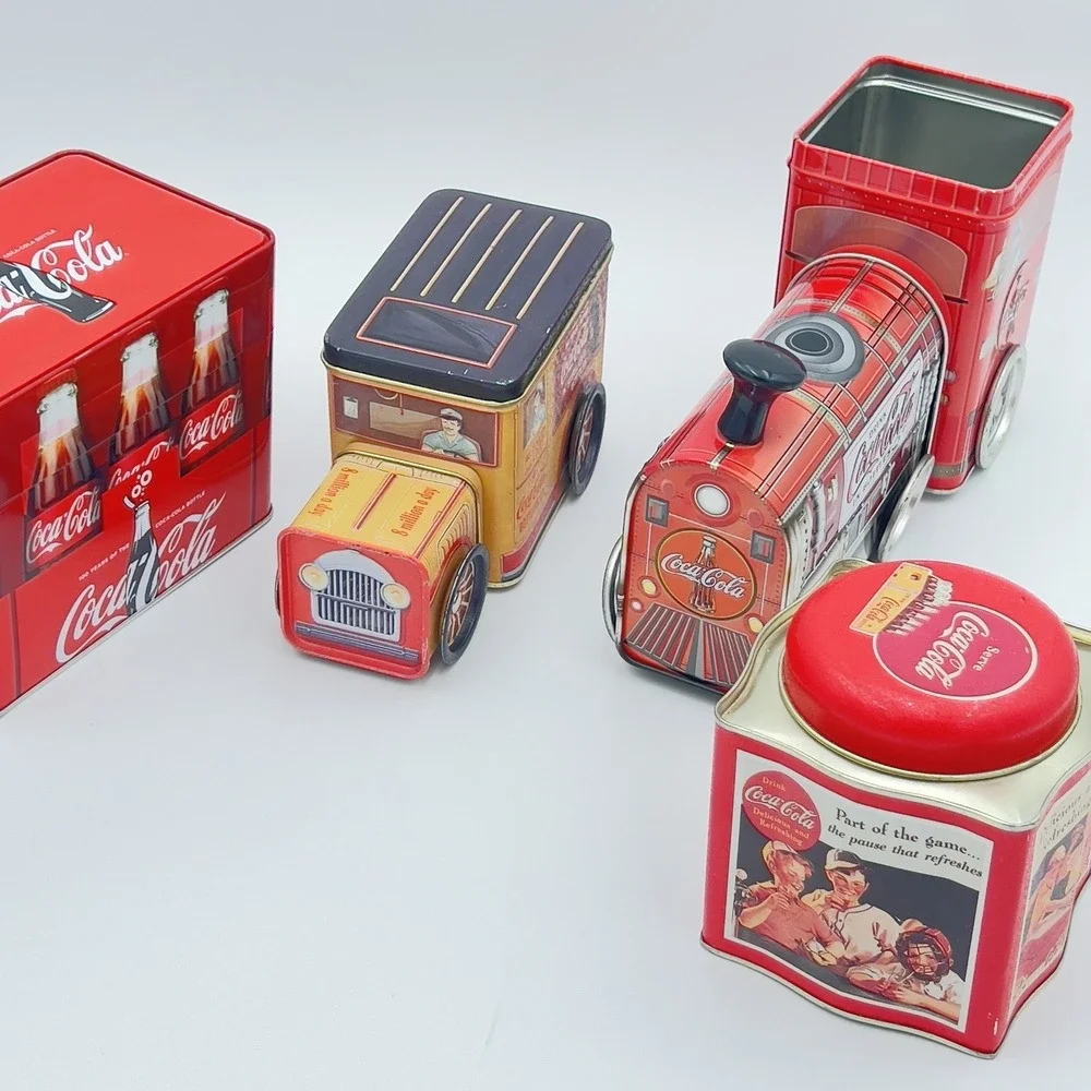 Vintage Coca Cola Tin lot Truck Train Bottle Crate & Advertising Tins